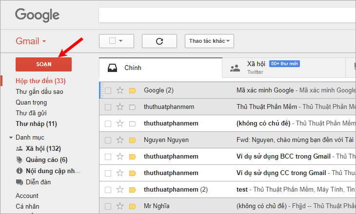 Trên giao diện Gmail chọn Soạn
