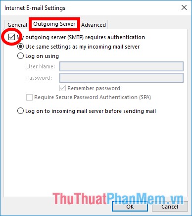 Tích chọn ô vuông trước My outgoing server (SMTP) requires authentication 