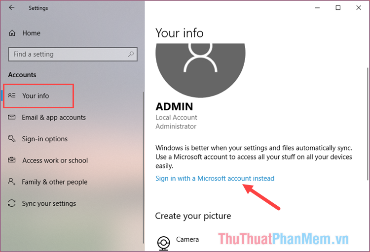 Chọn mục Sign in with a Microsoft account instead