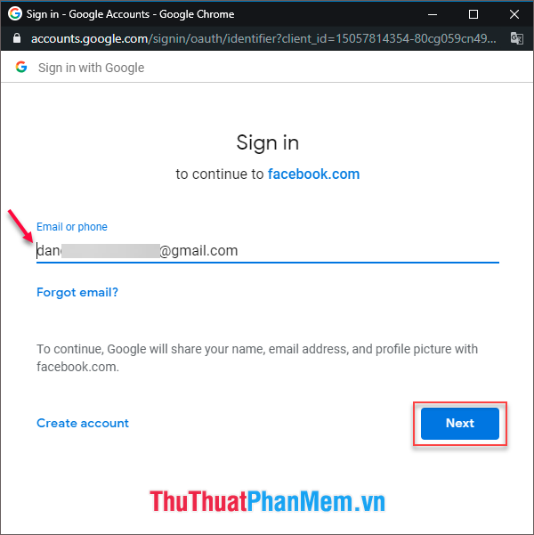Đăng nhập tài khoản Gmail đăng kí với nick Facebook