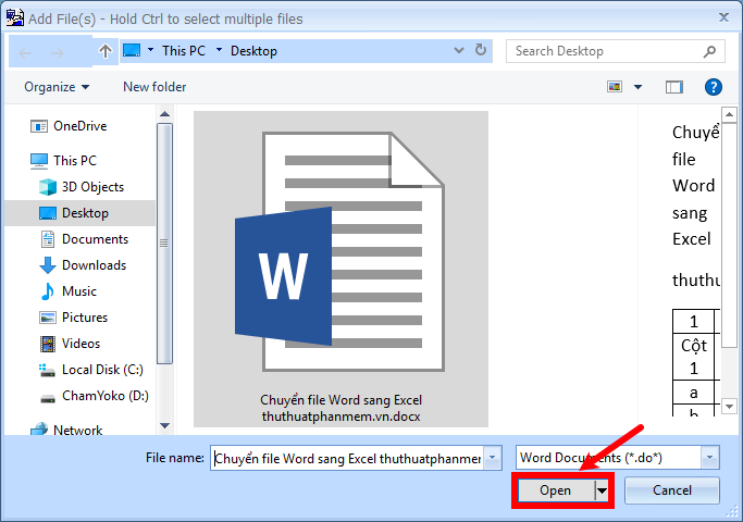 Chọn đến file Word cần chuyển sang Excel
