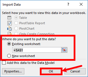 Trong hộp thoại Import Data chọn vị trí để đưa dữ liệu vào