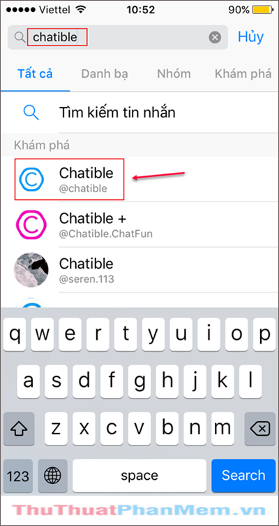 Ở khung tìm kiếm của Facebook Messenger tìm từ khóa “chatible”