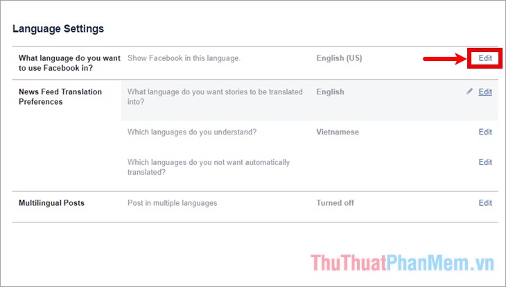 Chọn Edit trên dòng What language do you want to use Facebook in?