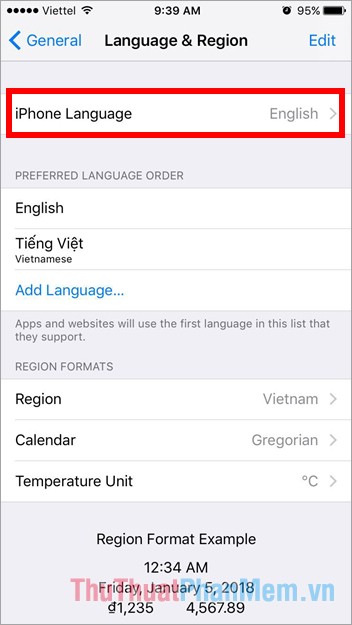 Trong phần Language & Region nhấn chọn iPhone Language