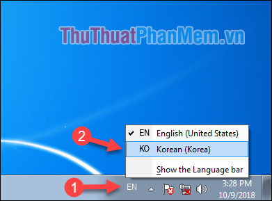 Nhấp vào biểu tượng EN và chọn bàn phím tiếng Hàn.