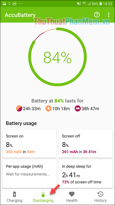 Tại màn hình Discharging có thể xem các mức tiêu thụ pin