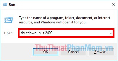 Nhấn tổ hợp Windows + R rồi nhập lệnh shutdown -s -t 2400.