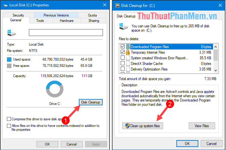 Chọn Disk Cleanup, trong cửa sổ mới chọn Clean up system files