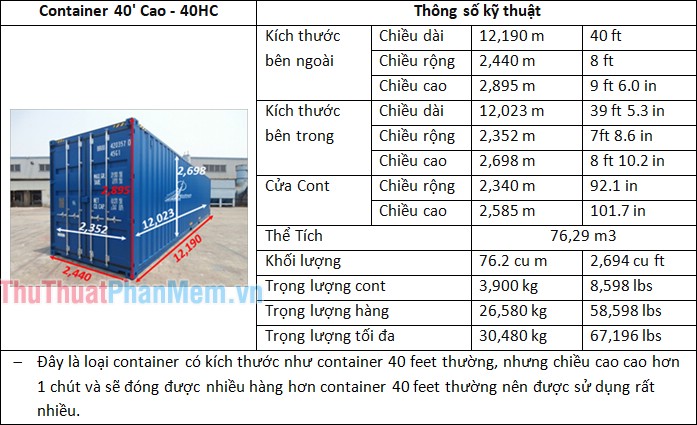 Thông số kỹ thuật Container 40' Cao - 40HC