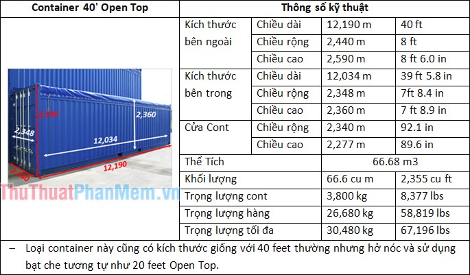 Thông số kỹ thuật Container 40' Open Top