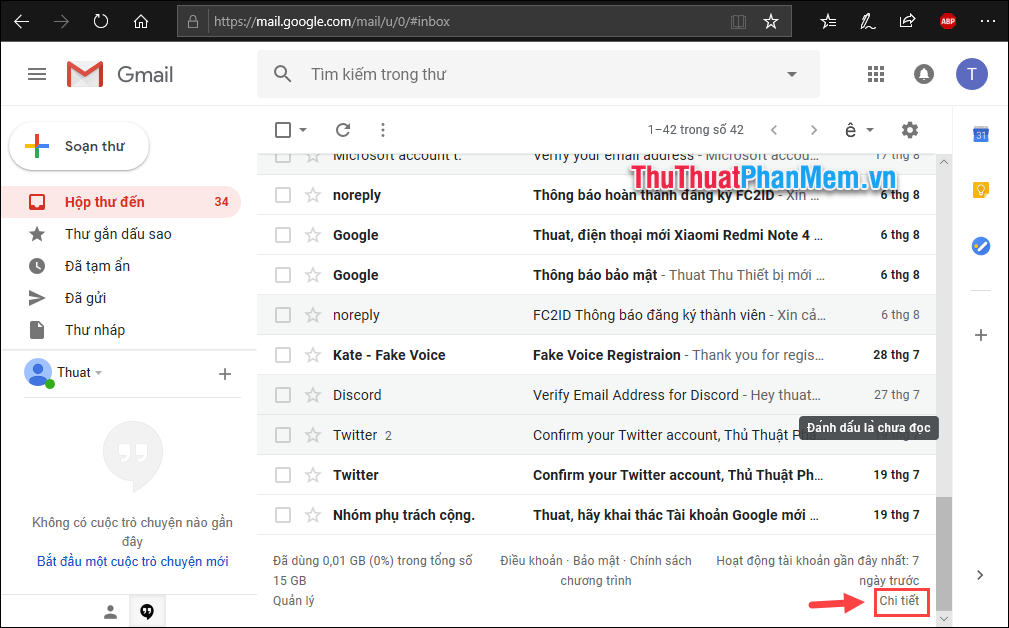 Trong giao diện Gmail, cuộn xuống[詳細]Chọn.