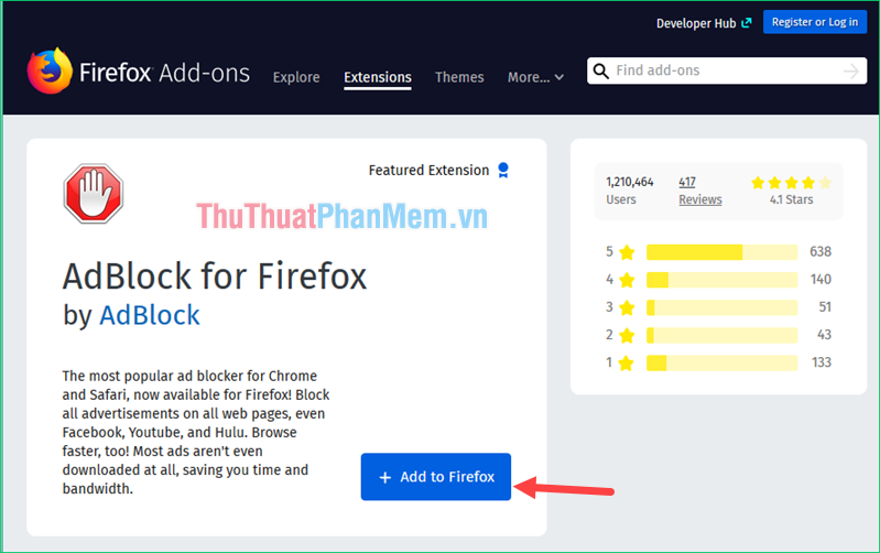 Nhấn nút Add to Firefox để cài tiện ích AdBlock vào trình duyệt