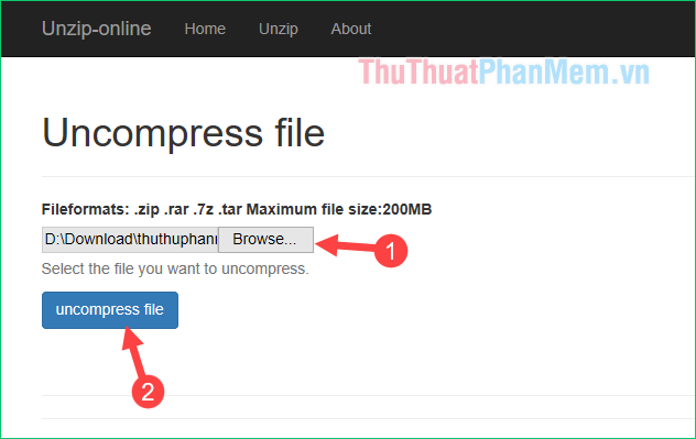 Sau khi chọn file xong, nhấn nút uncompress file để giải nén file