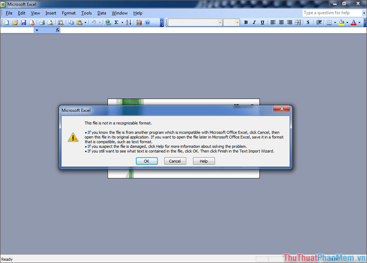 Thông báo lỗi khi mở tệp .xlxs trong Microsoft Excel 2003