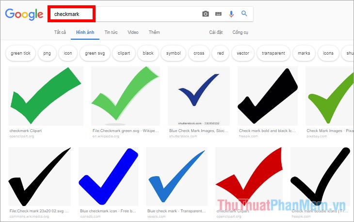 Tìm kiếm trên Google hình ảnh từ khóa checkmark hoặc checkmark icon