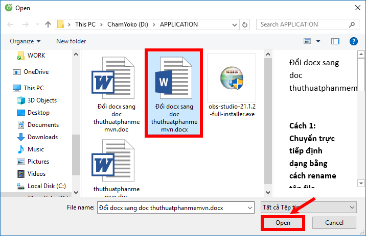 Đến thư mục chứa file docx và chọn đến file docx cần đổi đuôi